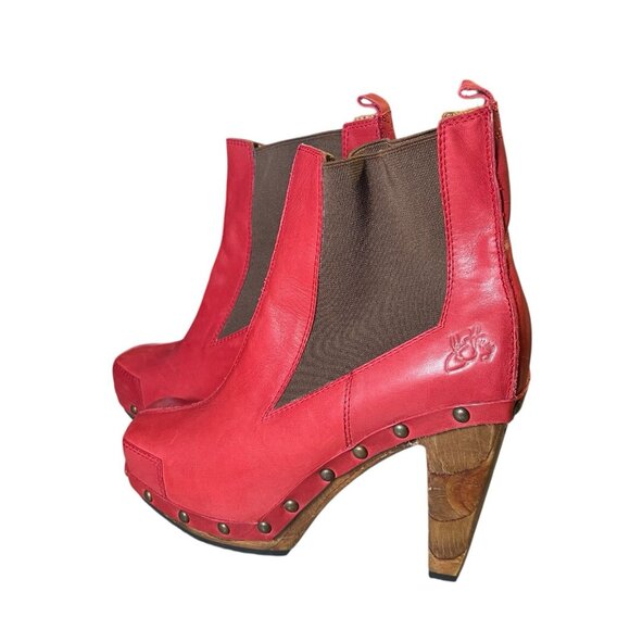 John Fluvog Faiths Certitude Red Ladies Leather Boots Size 9 Platform Wood Heel - Picture 2 of 16